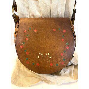 Vintage Tandy 1970s Hand Tooled Painted Hobo Shoulder Bag Leather Boho Floral